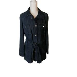 Ellen Tracy Navy Blue Suede Leather Jacket Women's Size M Long Coat Belted Lined